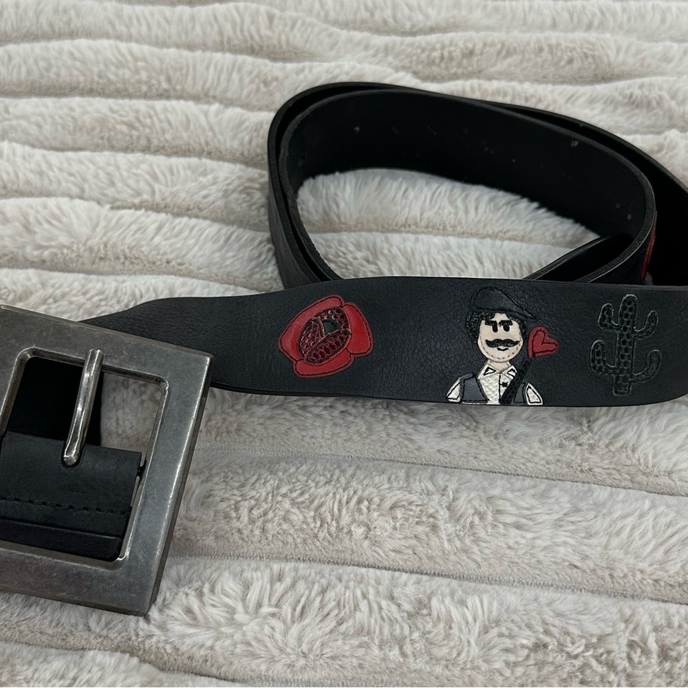 Black Leather Belt with Embroidered Design